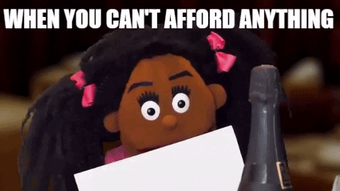 Little girl reading a bill with a headline "when you cannot afford anything"
