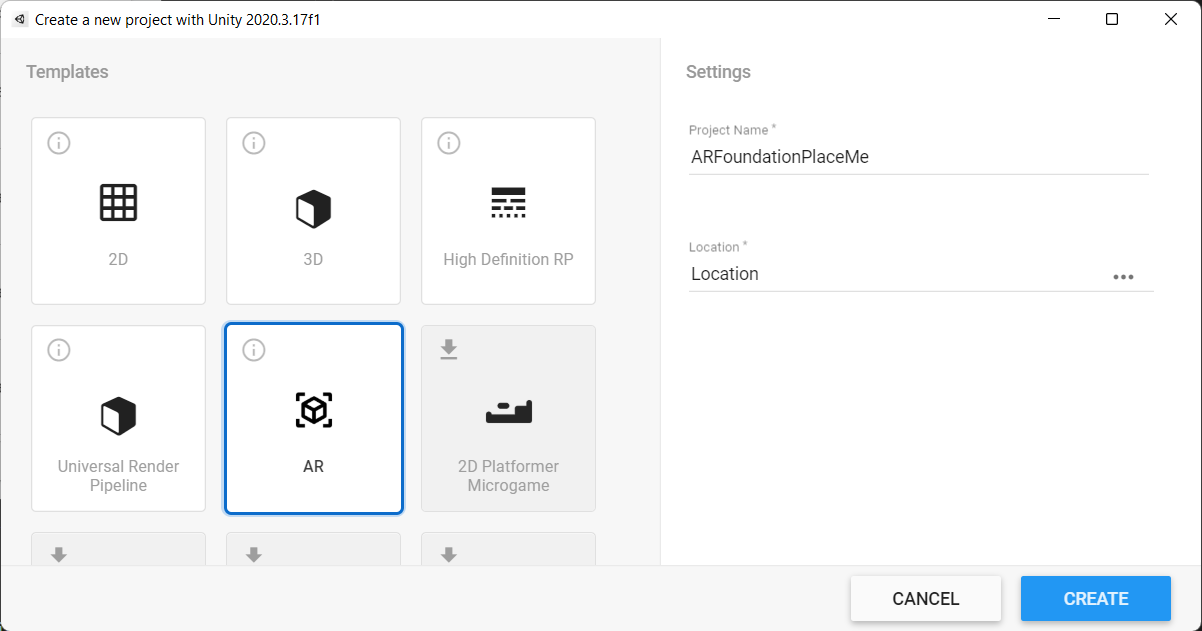 Unity Project hub with the AR Template selected