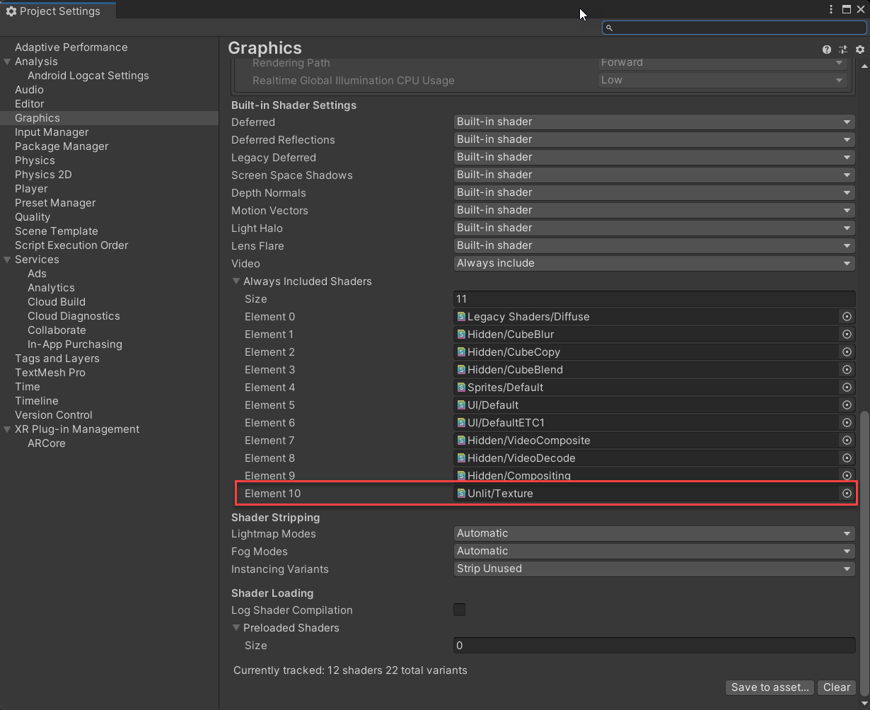 Graphics Settings window in Unity showing the Always Included Shaders