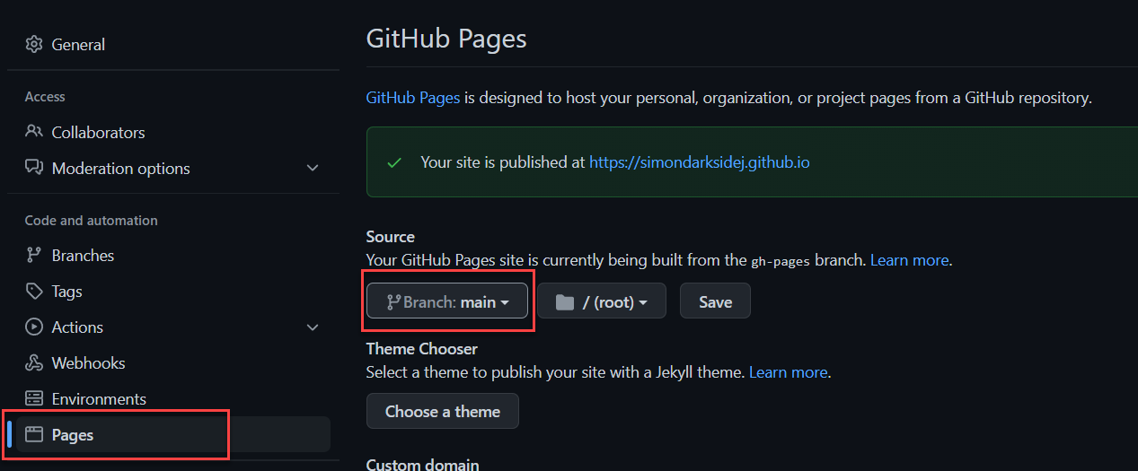 GitHub pages configuration