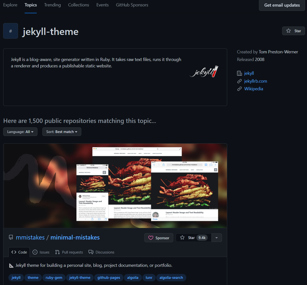 GitHub filtered list of Jekyll themes