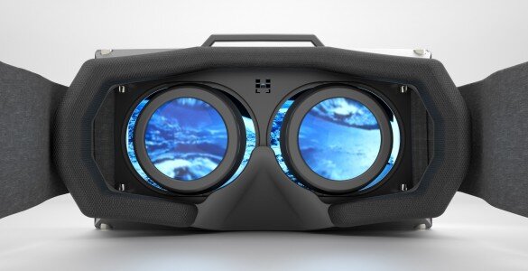 Inside view of an Oculus Rift headset showing the two lenses with a blue image displayed