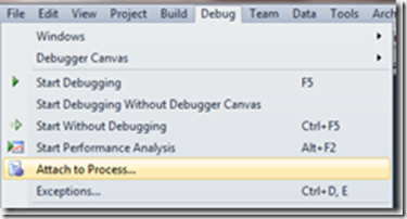 Visual Studio Debug menu with Attach to Process highlighted