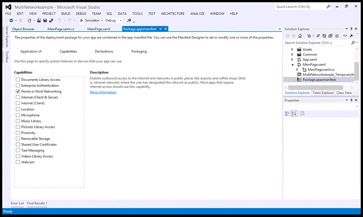 Visual Studio manifest designer with the Home or Work Networking capability ticked