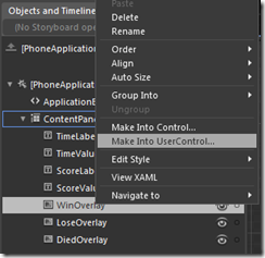 Expression Blend context menu with Make Into UserControl selected for the WinOverlay element