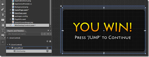 Expression Blend showing the new WinOverlayControl with the You Win overlay