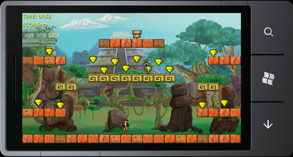 Windows Phone emulator running the Platformer game in landscape