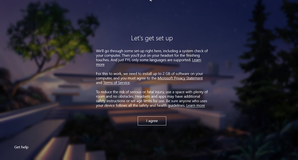Mixed Reality Portal set up screen with an I agree button