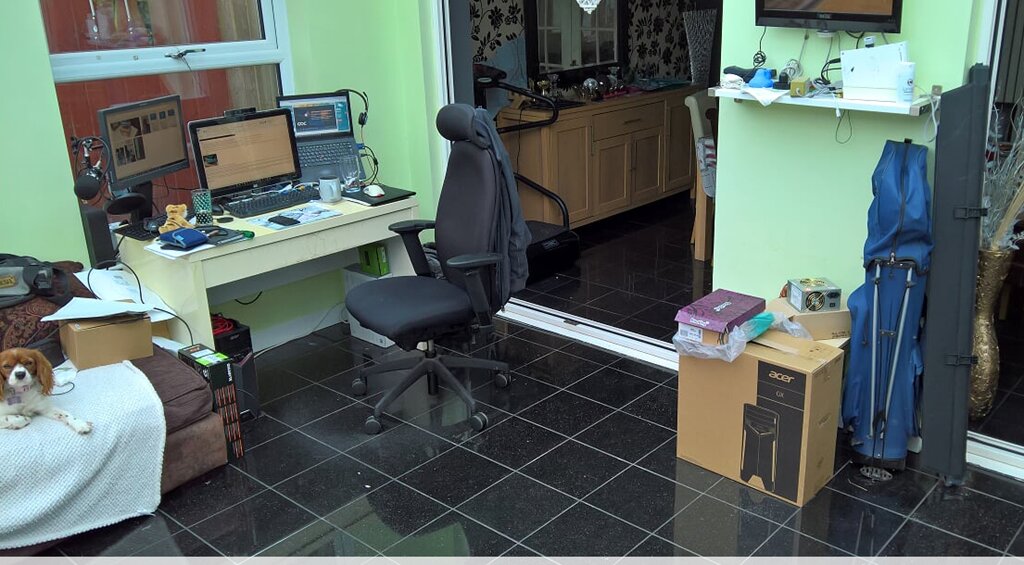 Test area with a desk, laptops and a swivel chair, with the dog on a sofa